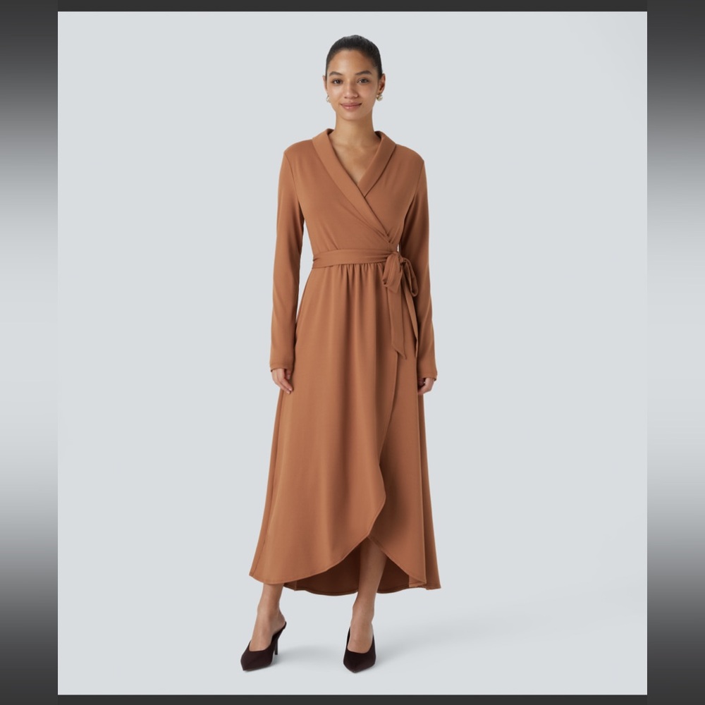Shawl Collar Long Sleeve Tie Side Midi Work
Wrap Dress